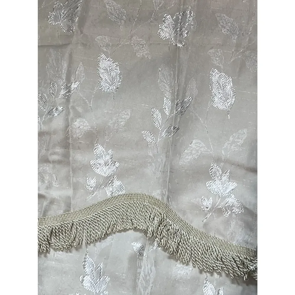 Vtg Damask Floral Jacquard 1 CURTAIN PANEL Ivory Beige attached Fringe Valance